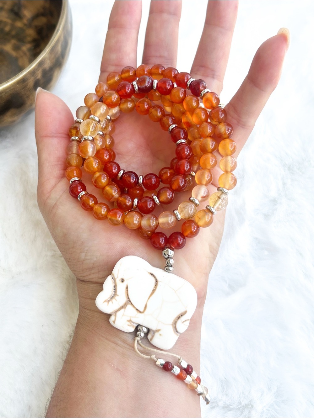 Carnelain & Citrine 108 Mala Necklace with White Elephant Pendant Handmade